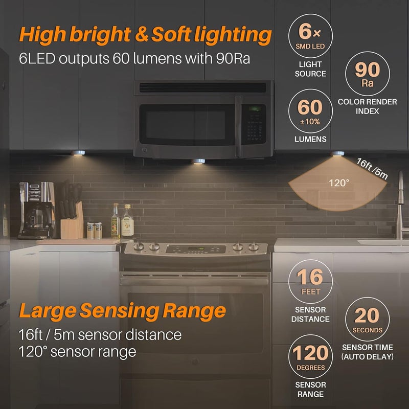 STAR-SPANGLED 6 Pack 2.8” Motion Sensor Lights Indoor AAA Battery Operated, Stick on LED Puck Light for Stairs, Under Cabinet, Closet, Warm White - Image 2